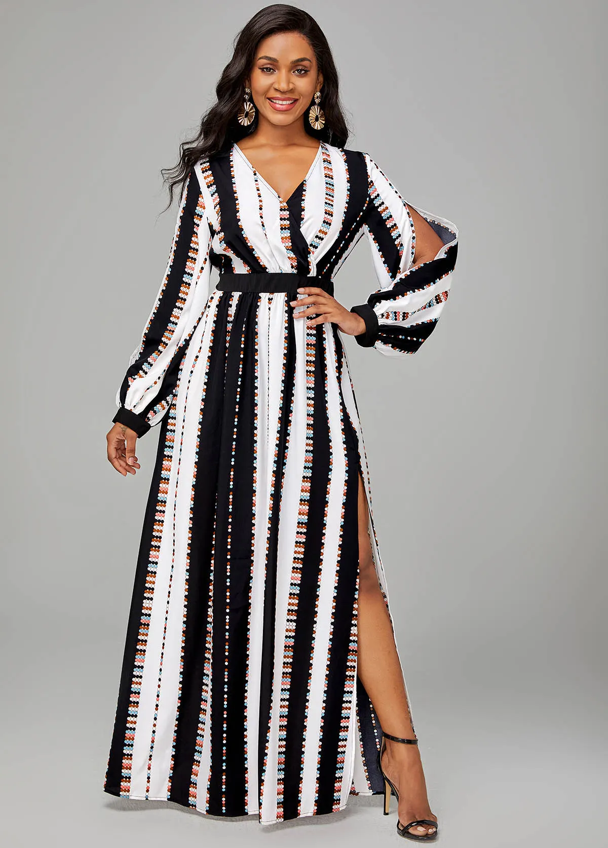 Striped Side Slit Long Sleeve V Neck Dress