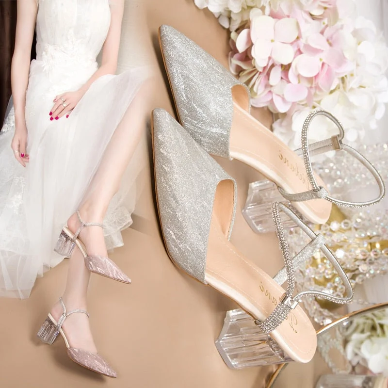 comemore Sequins Shiny Leather Lady Sandals Slingback Pointed Toe Women Elgant Shoes Rhineston Strap High Heel Party High Heels