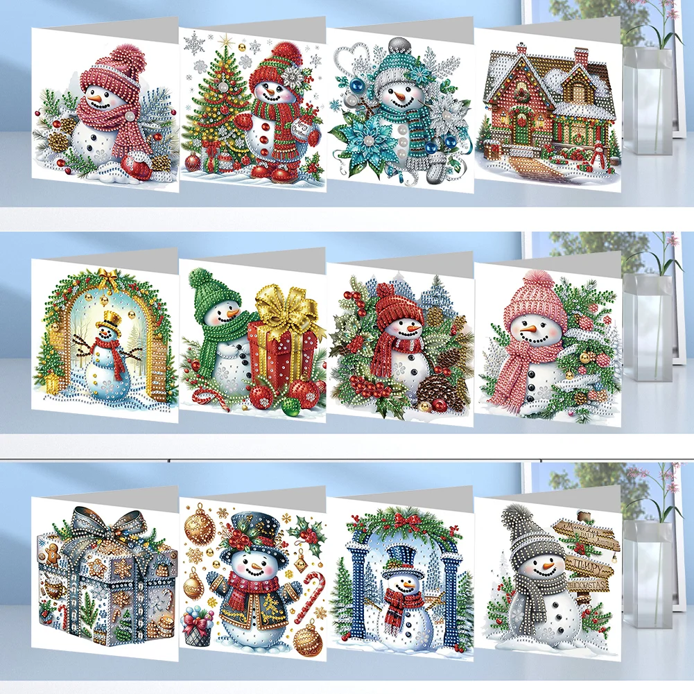 12pcs DIY Christmas Snowman DIY Diamond Painting Card for Friends Family Gift【With White Envelope】