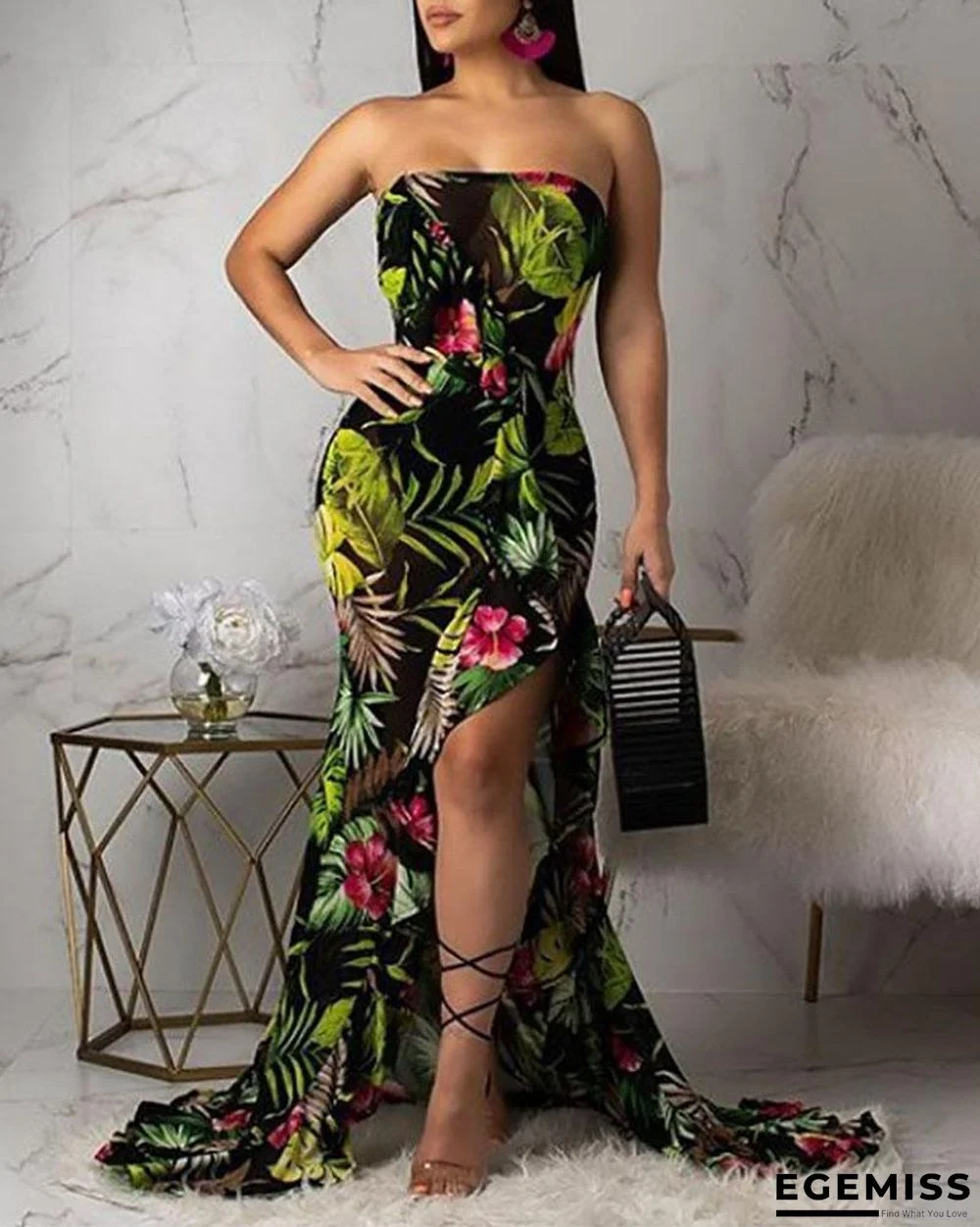 Ruffled Hem High Split Leaf Print Dress | EGEMISS