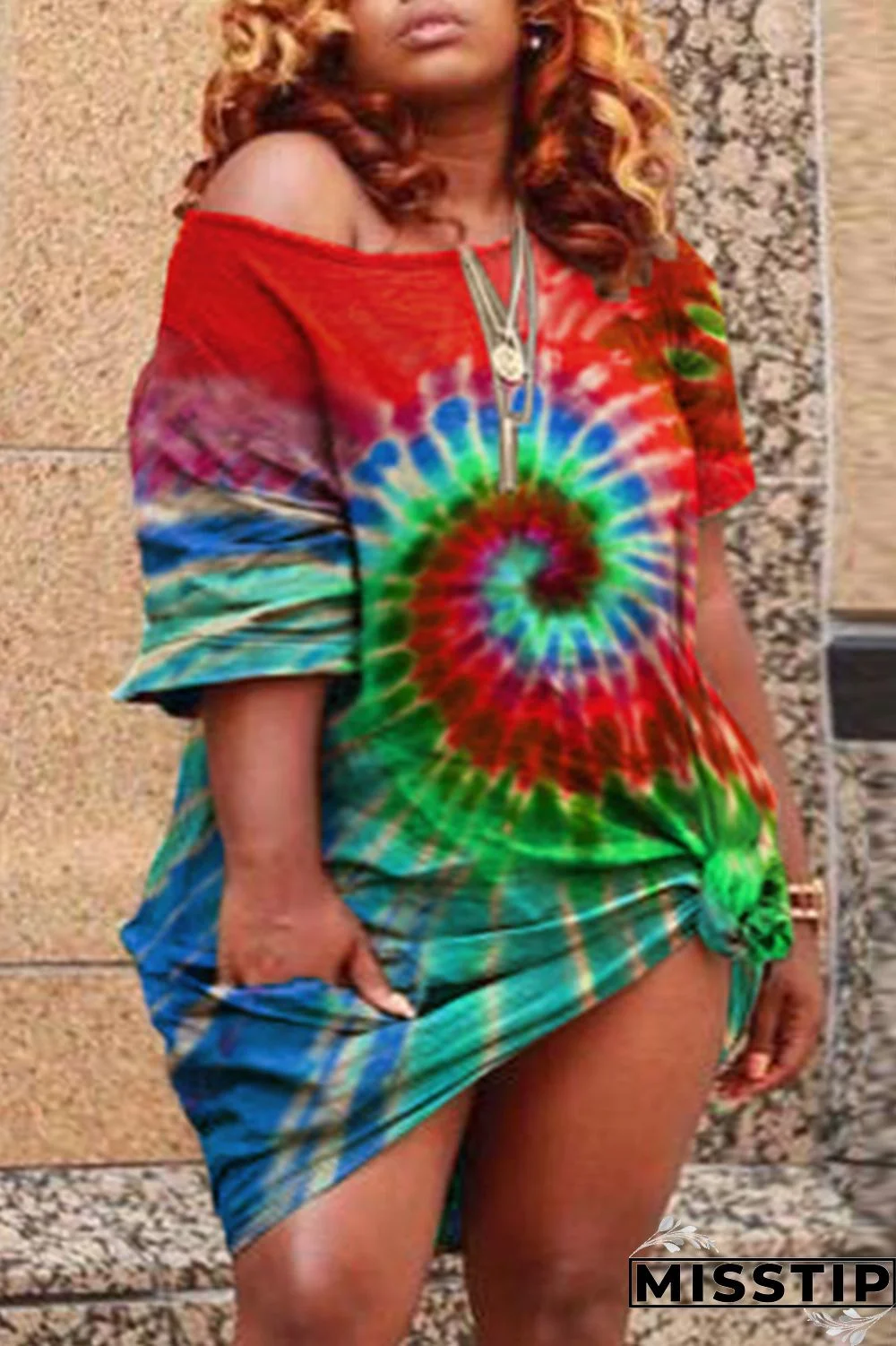 Hide Blue Fashion Casual Tie Dye O Neck Plus Size Dresses