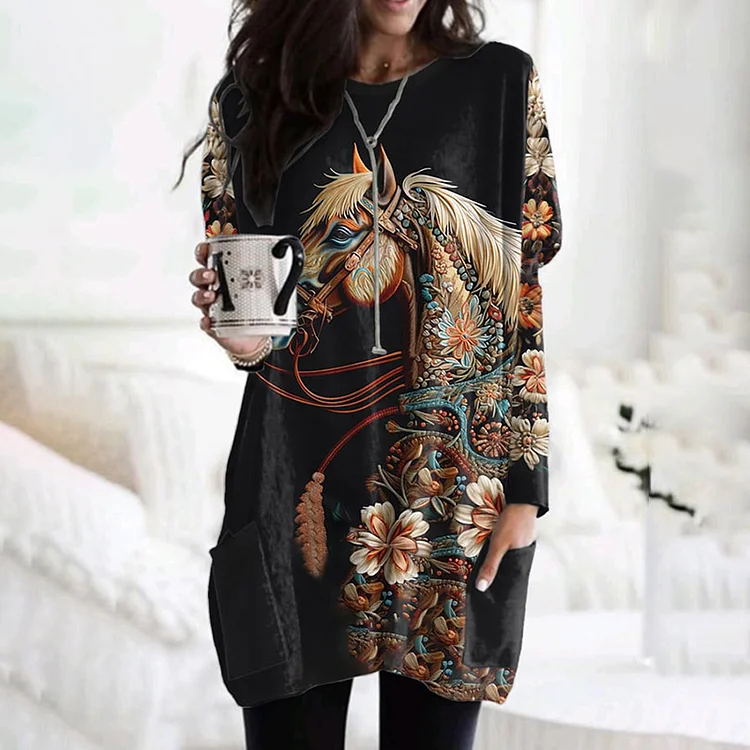 Comstylish Western Floral Horse Print Long Sleeve Tunic