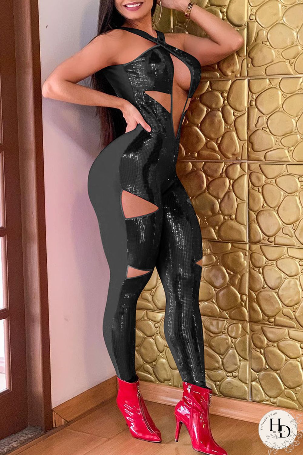 Black Sexy Solid Hollowed Out Patchwork Spaghetti Strap Skinny Jumpsuits