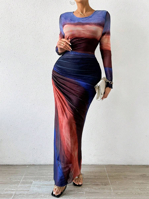 Gradient Print Long Sleeve Sheer Maxi Dress