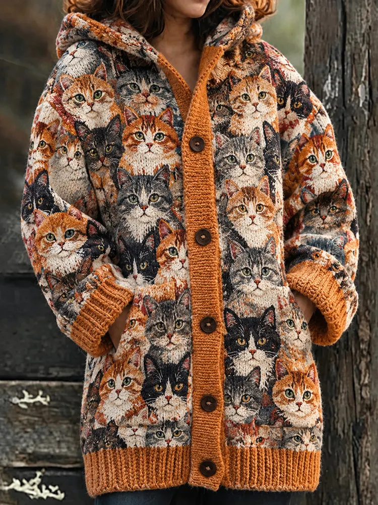 Comstylish Women's Cute Cat Head Hooded Cardigan Long Sweater