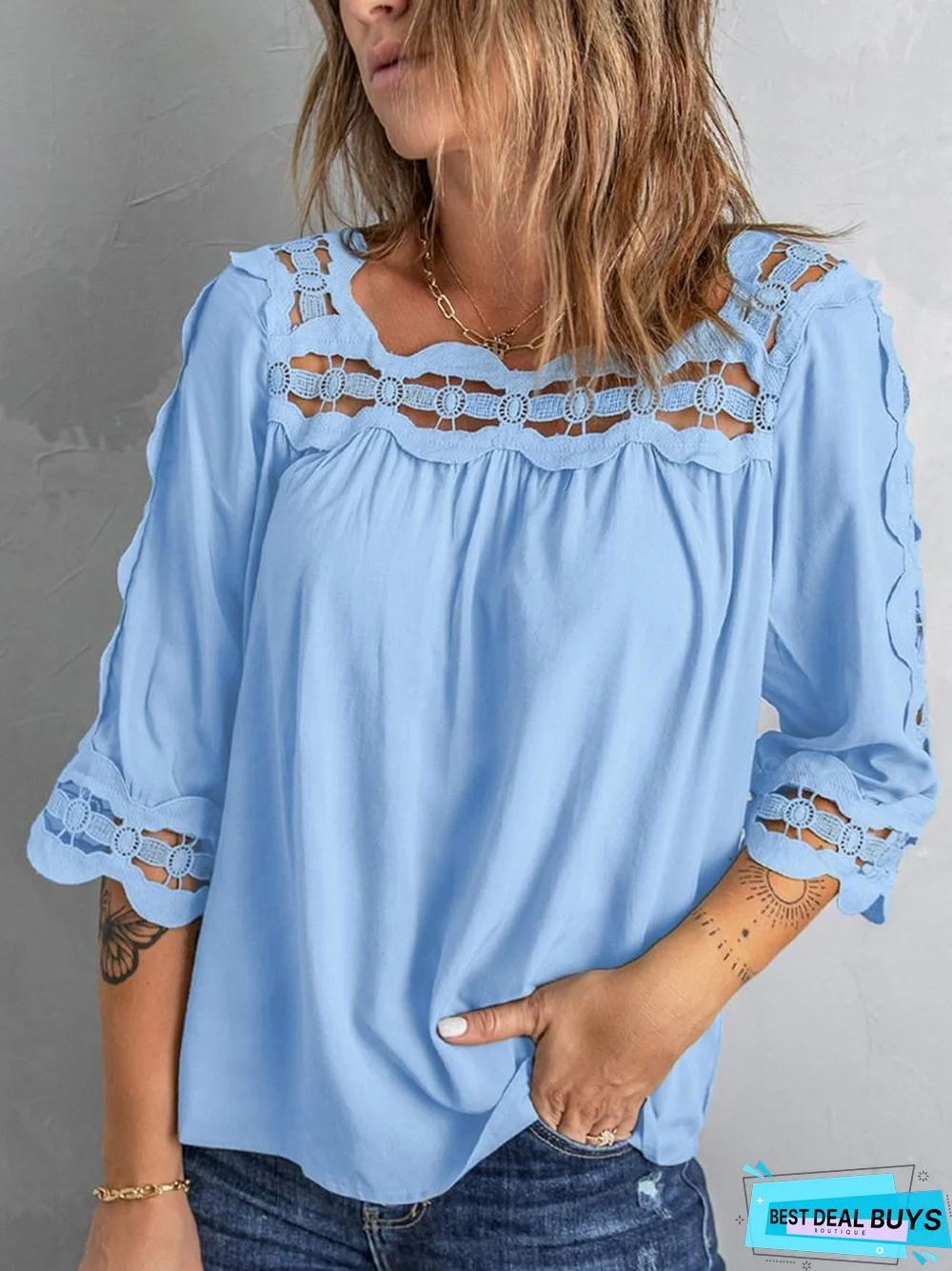 Women's Casual Lace Panel Solid Color Shirt