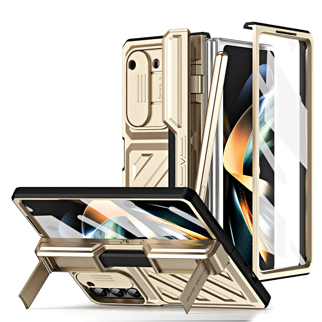 Luxury Electroplated Phone Case With Lens Push Cover,Kickstand,Stylus,Stylus Slot,Screen Protector And Hinge For Galaxy Z Fold4 