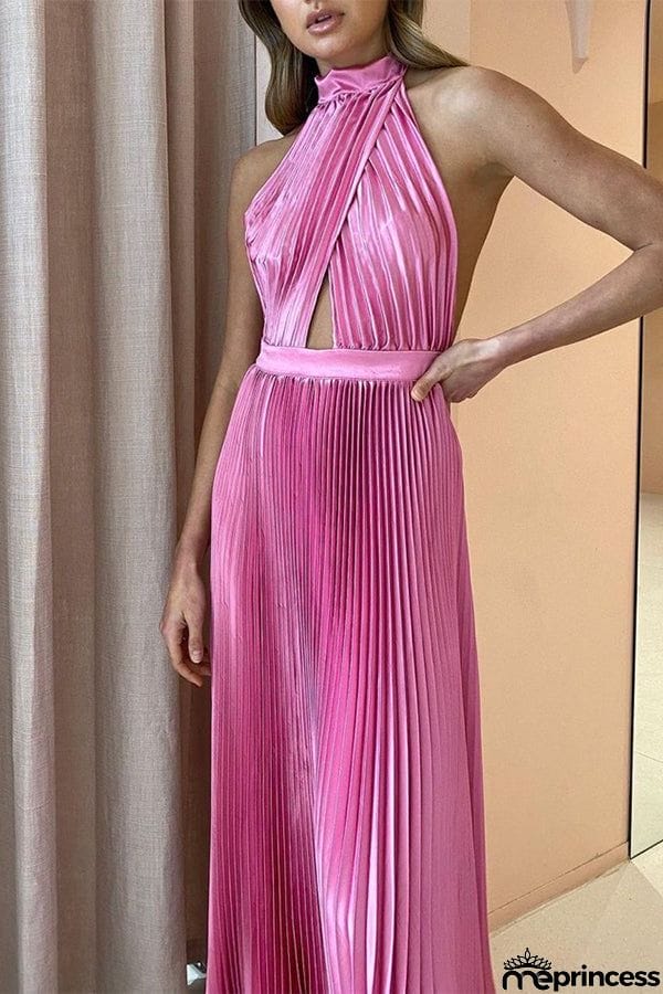 KOLLINS PLEATED HALTER MIDI DRESS - HUNTER GREEN