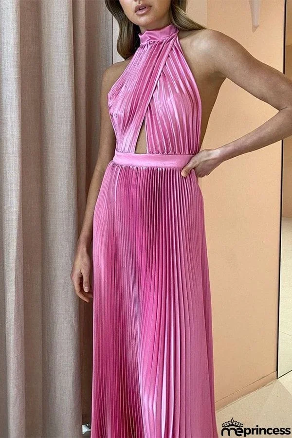 KOLLINS PLEATED HALTER MIDI DRESS - HUNTER GREEN