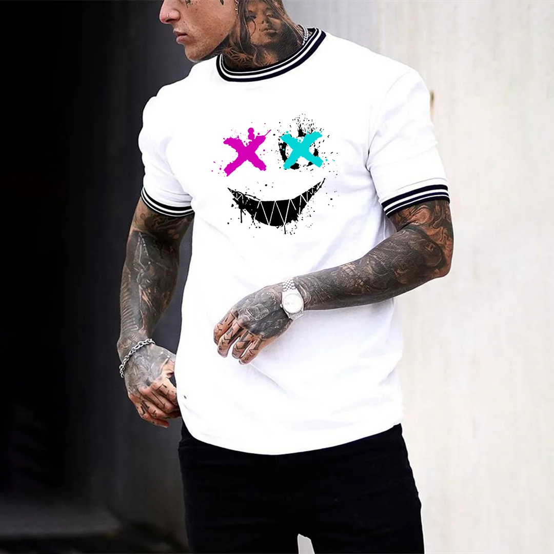 Men's Fashion Smiley Pattern Print Color Matching Casual Short Sleeve T-Shirt