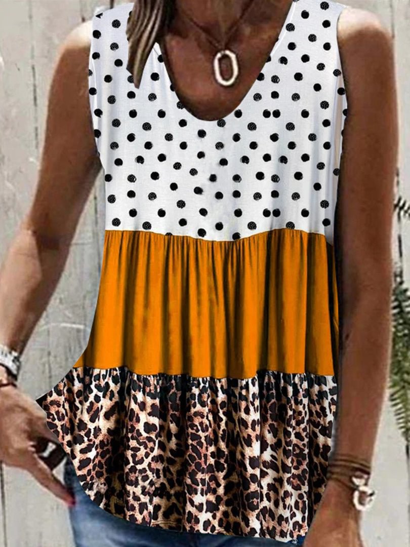 Women Sleeveless V-neck Polka Dot Colorblock Top