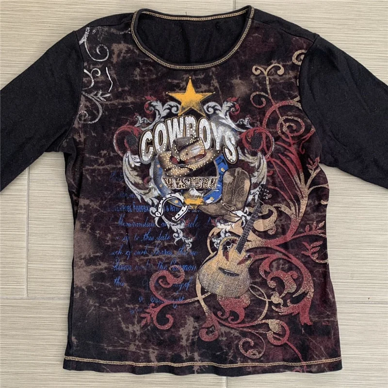 Xingqing Grunge Fairycore Vintage Print T-shirt Women Aesthetic Y2k Long Sleeve Tops Autumn E-Girl Casual Basic Streetwear 90s