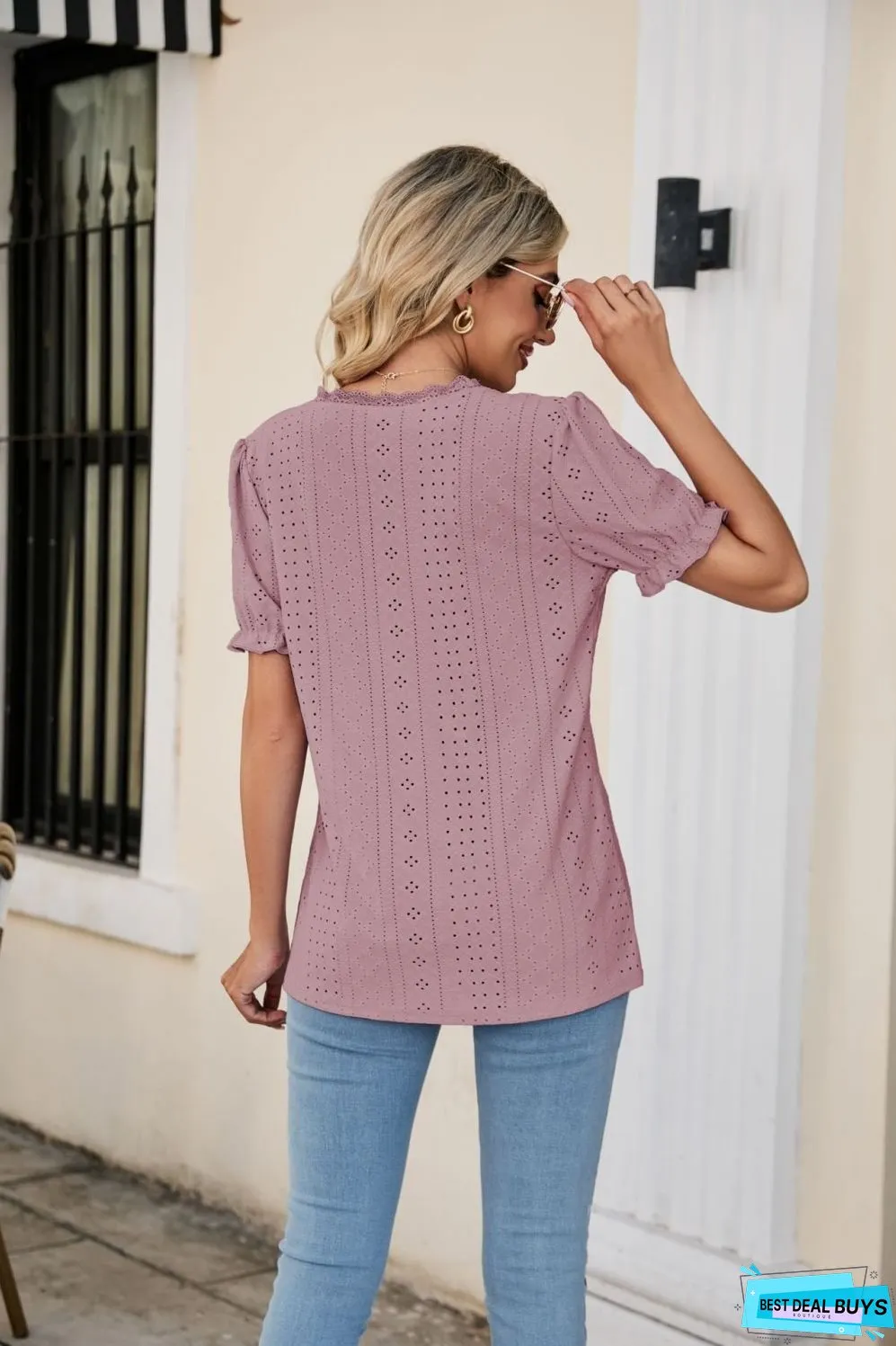 Eyelet Flounce Sleeve Scalloped V-Neck Top