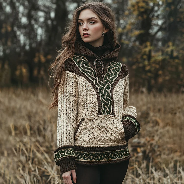 Women's Irish Celtic Contrasting Cord Jacquard Hooded Sweater