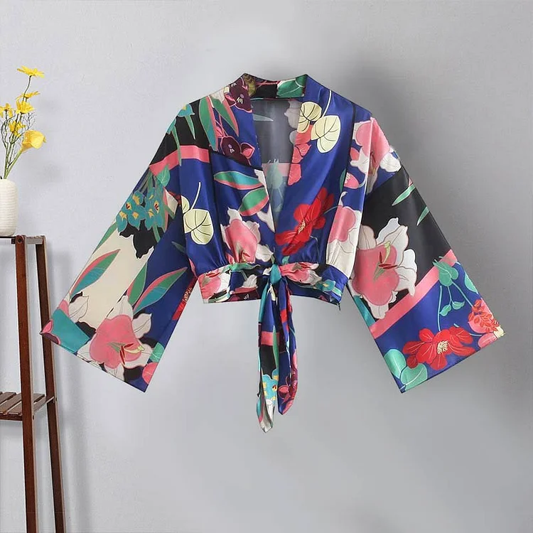 Vintage Floral Print V-neck Lace Up Shirt - Modakawa Modakawa