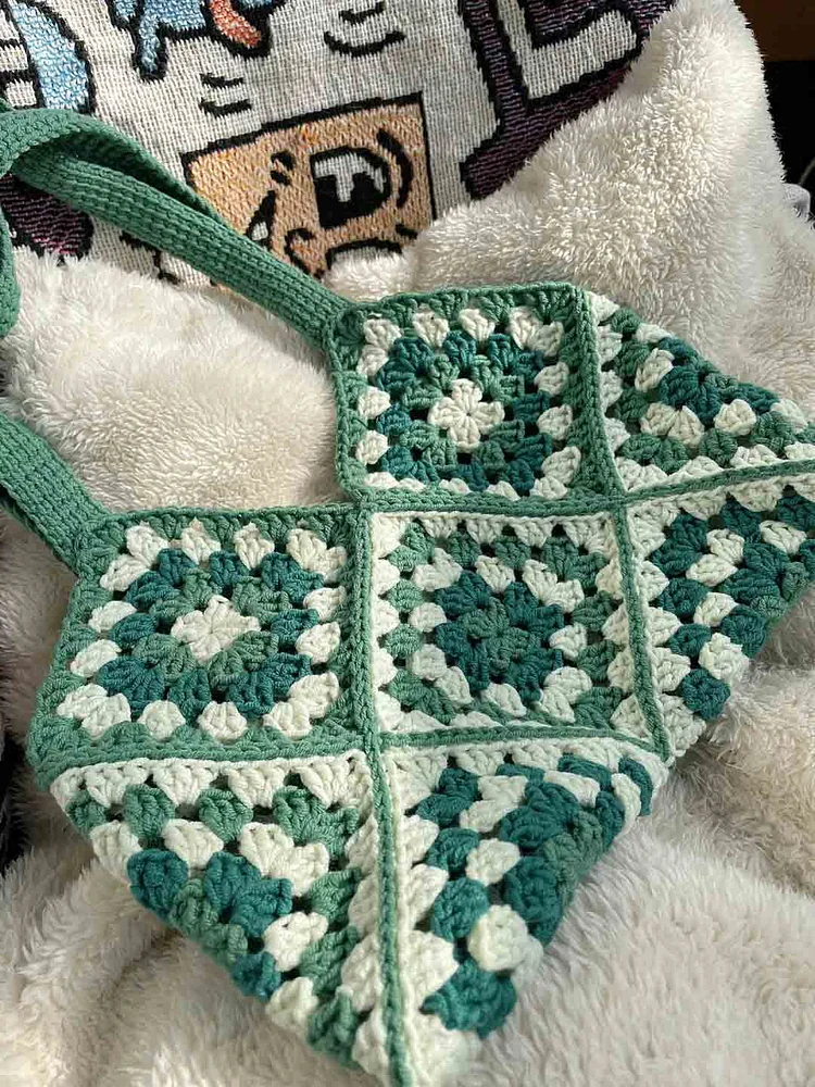 Lulusnow Handmade Green Granny Square Crochet Shoulder Bag  Gift For St.Patrick's/Birthday