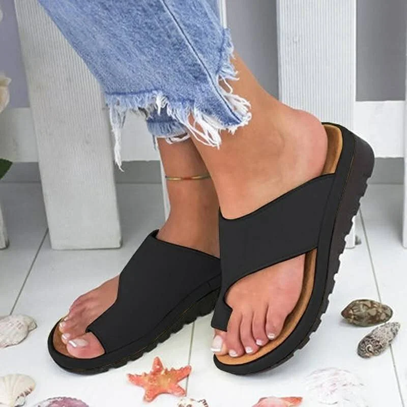 Ladies Silver PU Leather Sandals Wedges Comfy Platform Flat Casual Soft Women Big Toe Foot Correction Shoes Correctores