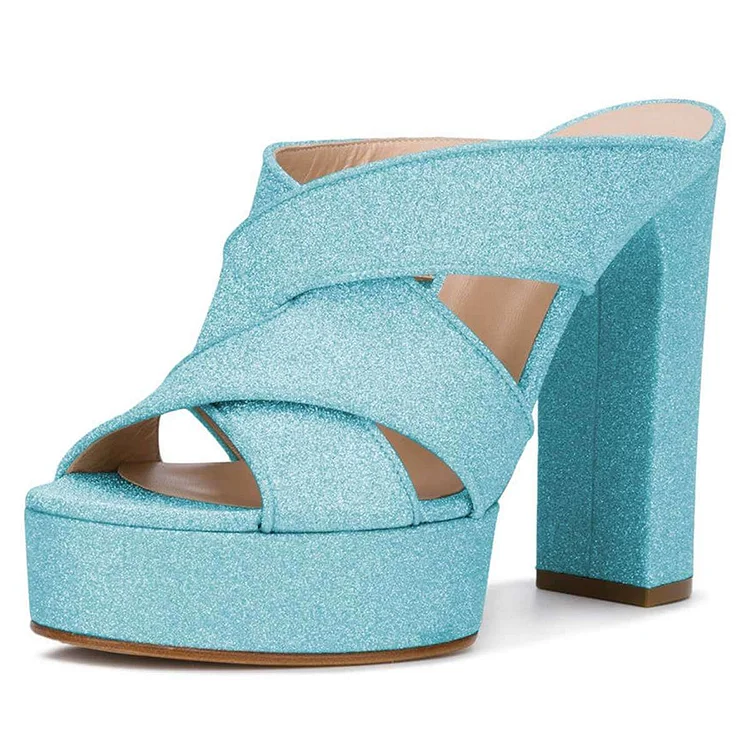 Light Blue Glitter Platform Mules Peep Toe Chunky Heels |FSJ Shoes