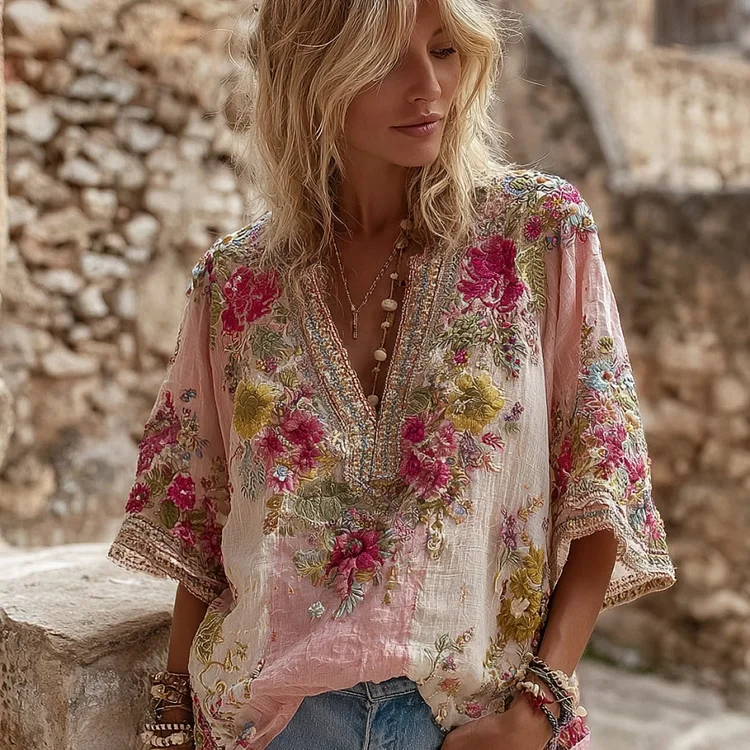 Women's Flower Embroidered Art Linen Blend V-neck Shirt