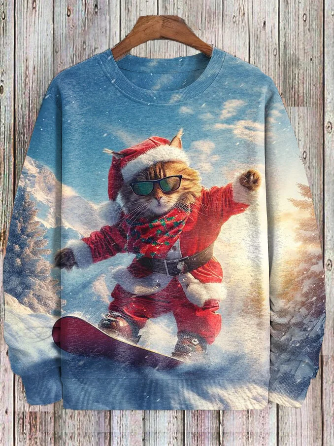 Men's Christmas Cat Skiing Print Casual Sweatshirt