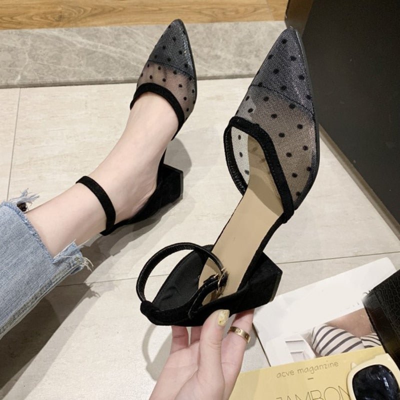 Shoes Women Pumps Female Mesh Pointed Toe Polka Dot Shoes Ankle Buckle Strap Breathable High Heel Casual Ladies Footwear