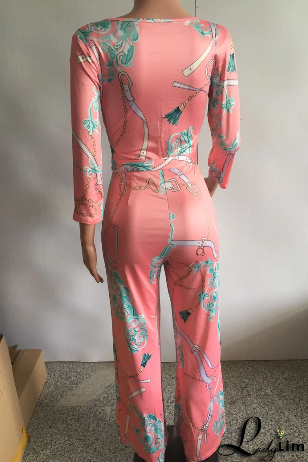 Tibetan Blue Fashion Casual Print Patchwork V Neck Regular Jumpsuits