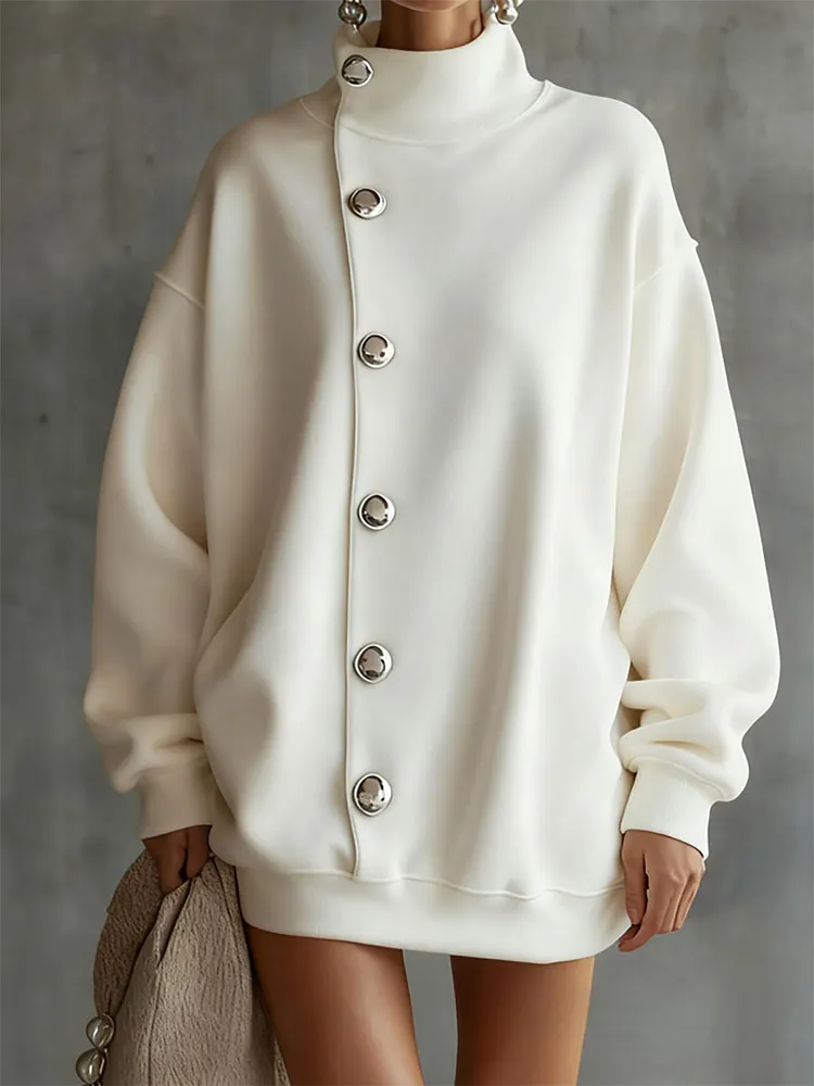 Long Sleeves Loose Buttoned Solid Color Split-Joint High Neck Mini Dresses Sweatershirt