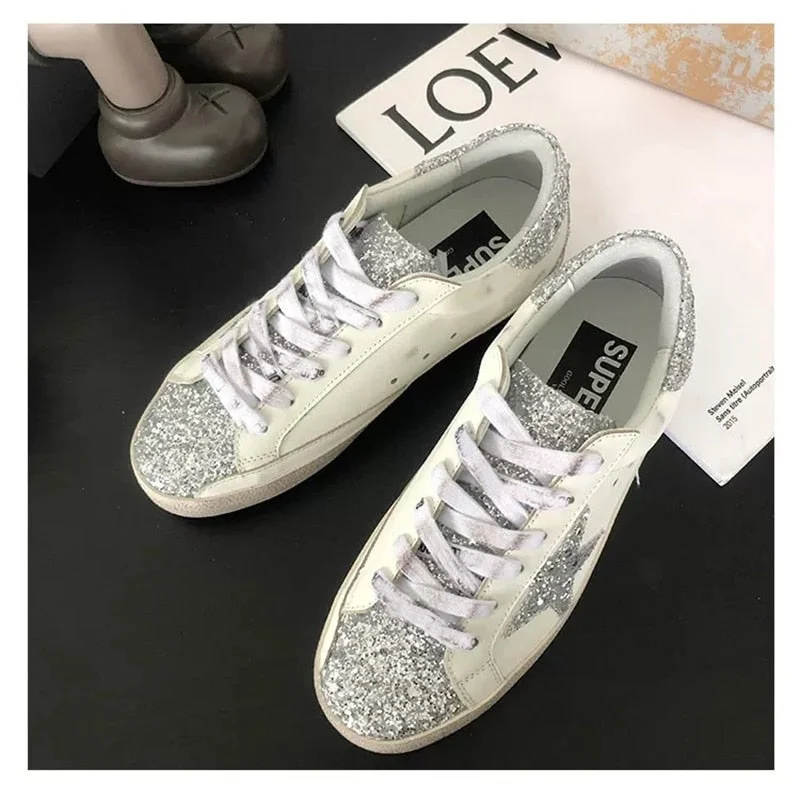 2021 new Korean version of leather, old silver sequined stars, women's board shoes, dirty shoes, trendy shoes, casual shoes
