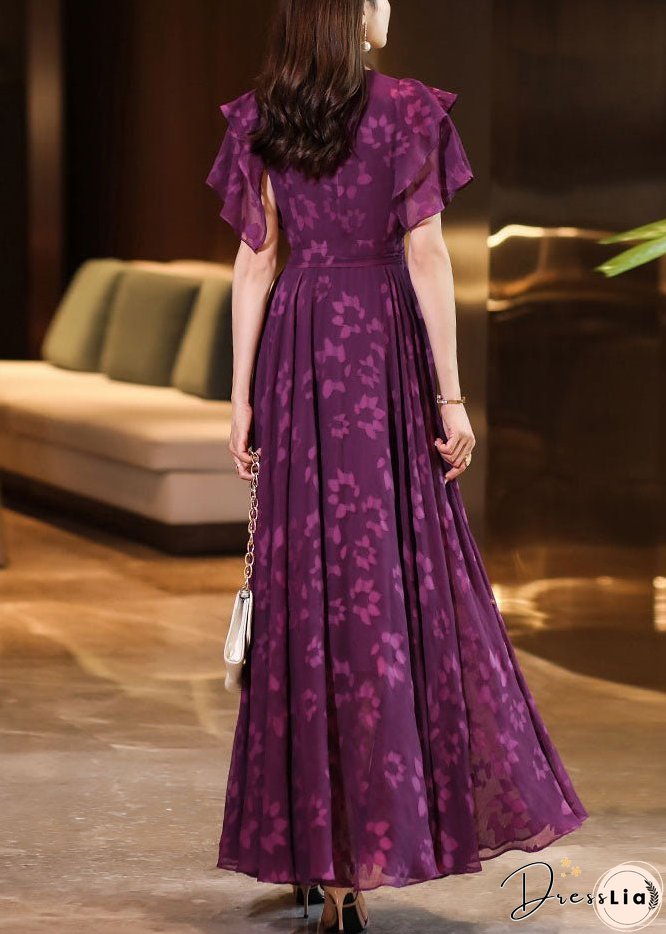 Women Purple O-Neck Print Ruffled Wrinkled Chiffon Maxi Dress Short Sleeve