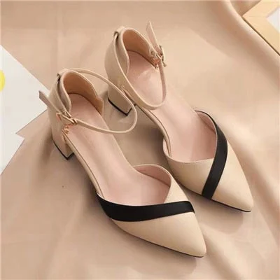 Women Classic Beige Square Heel Shoes for Party Ladies Classic Black Pu Leather Night Club Pumps