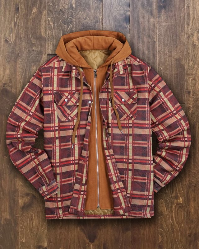 Men's Autumn and Winter Plaid Long Sleeve Loose Hooded Jacket