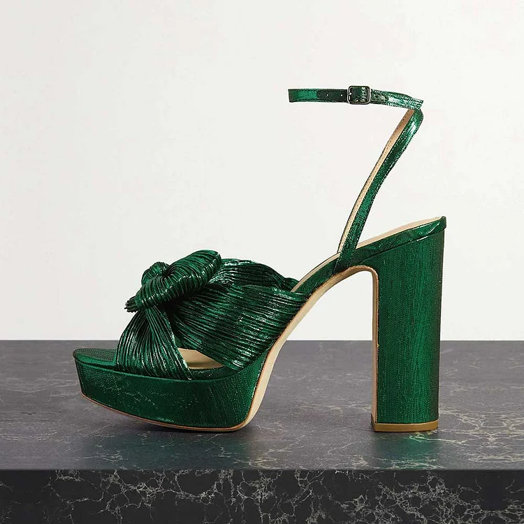 Green Open Toe Bow Decor Ankle Strap Block Heel Platform Sandals |FSJ Shoes