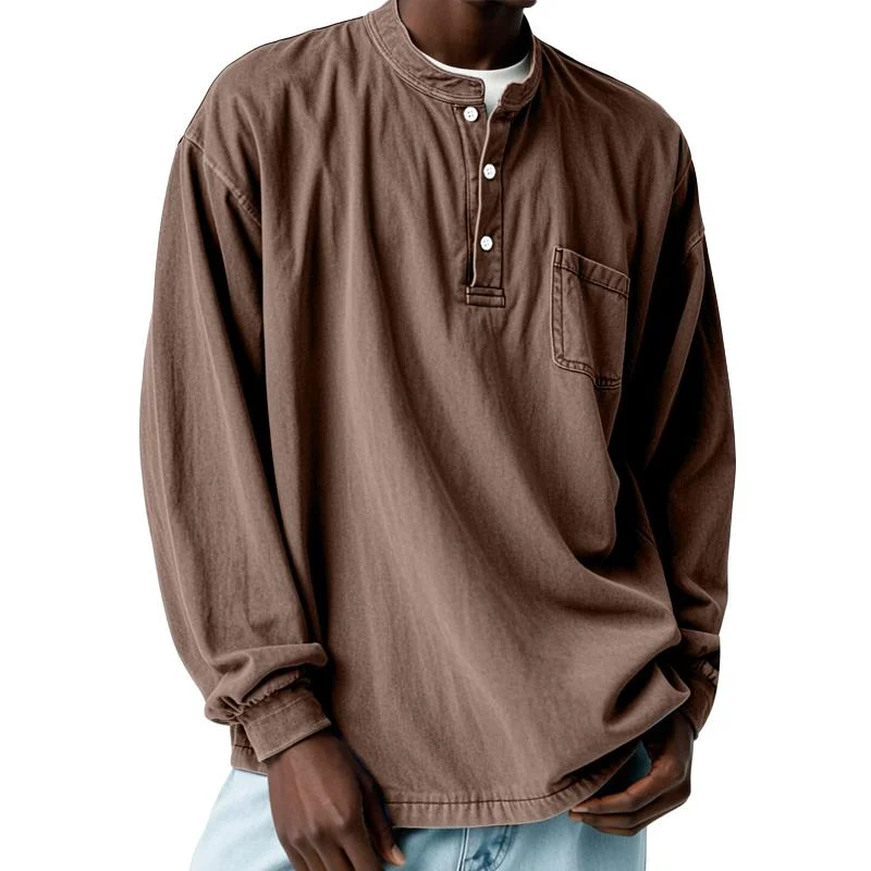 Men's Solid Loose Henley Collar Chest Pocket Long Sleeve T-shirt