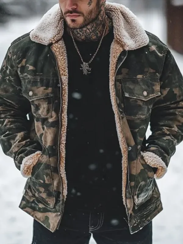 Men's Western Outdoor Camouflage Fur Collar Multi-Pocket Jacket