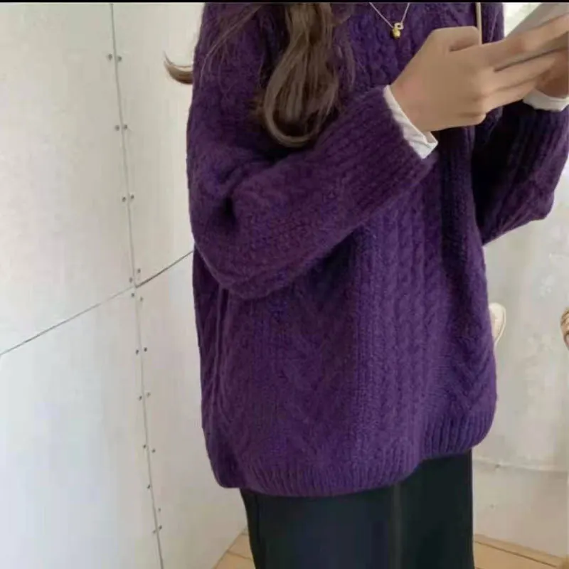 Churchf Churchf Thick Twist Pure Color Loose Sweater Female Autumn Dong New Round Collar Lazy Wind Sweater Jacket