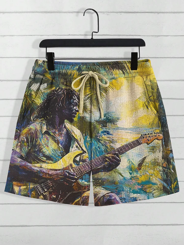 Men's Black People Playing Guitar Art Print Casual Shorts