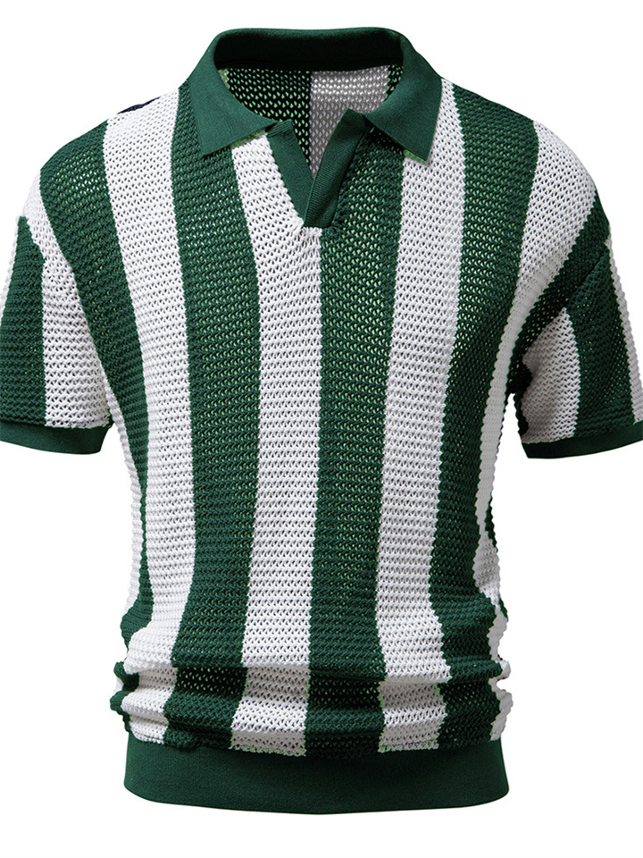 Men's Summer Lapel Net Shirt Hollow Short-sleeved Fishing Net Shirt Trend Men's Striped Breathable Moisture Absorption Sweat POLO Shirt