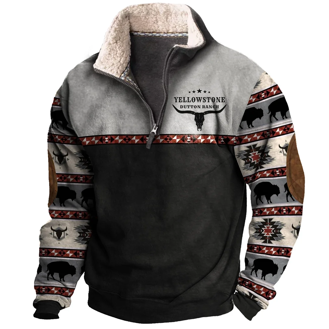 Men's Vintage Western Yellowstone Colorblock Zipper Stand Collar Sweatshirt