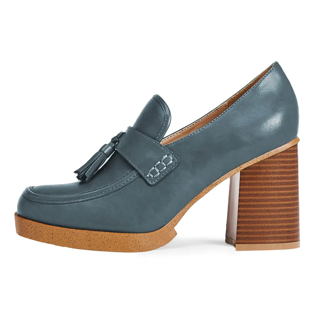 YDN Classic Blue Square Toe Chunky Heeled Loafers with Tassels