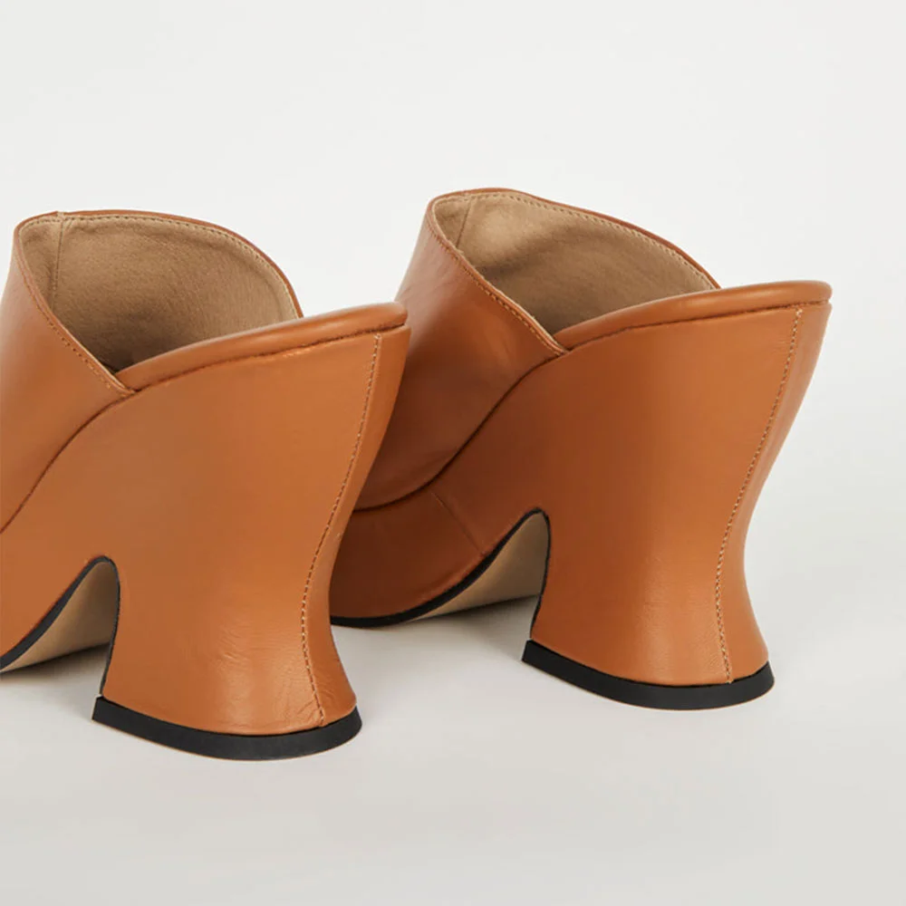 Women's Tan Open Toe Wide Strap Casual Slip On Platform Mule Heels