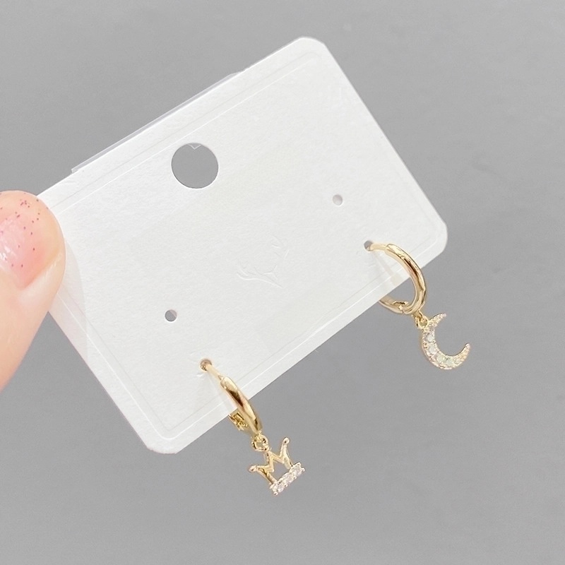 Sweet Moon Heart Shape Crown Copper Drop Earrings Asymmetrical Inlay Zircon Copper Earrings 3 Pairs