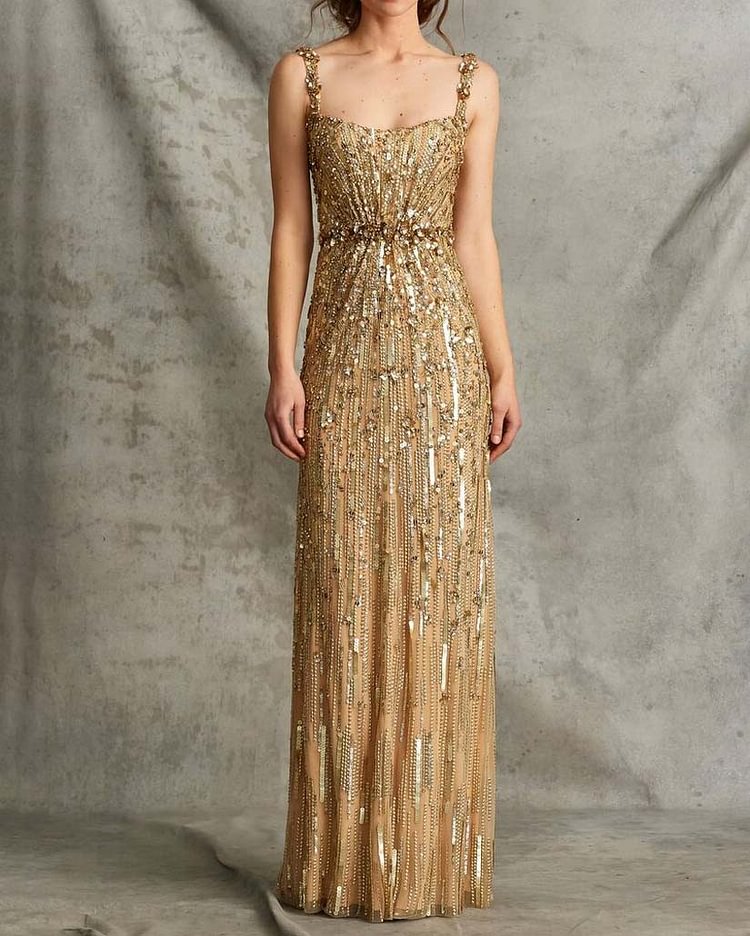 Bright Gold Beading Evening Gown