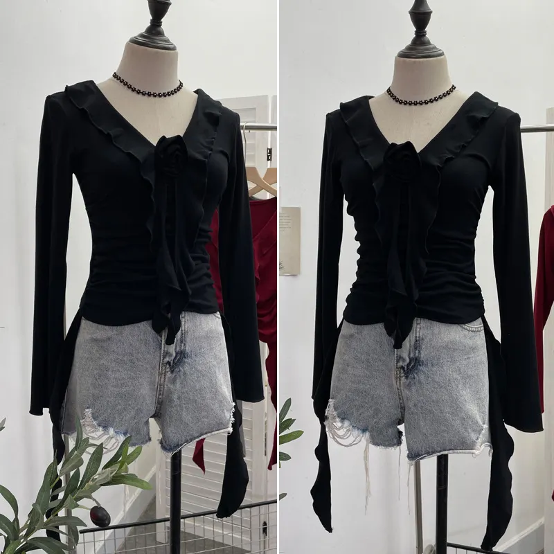 Uveng Han's New V-Neck Flower Irregular Lotus Leaf Edge Ribbon Slim Thin T-Shirt Short Top 1227
