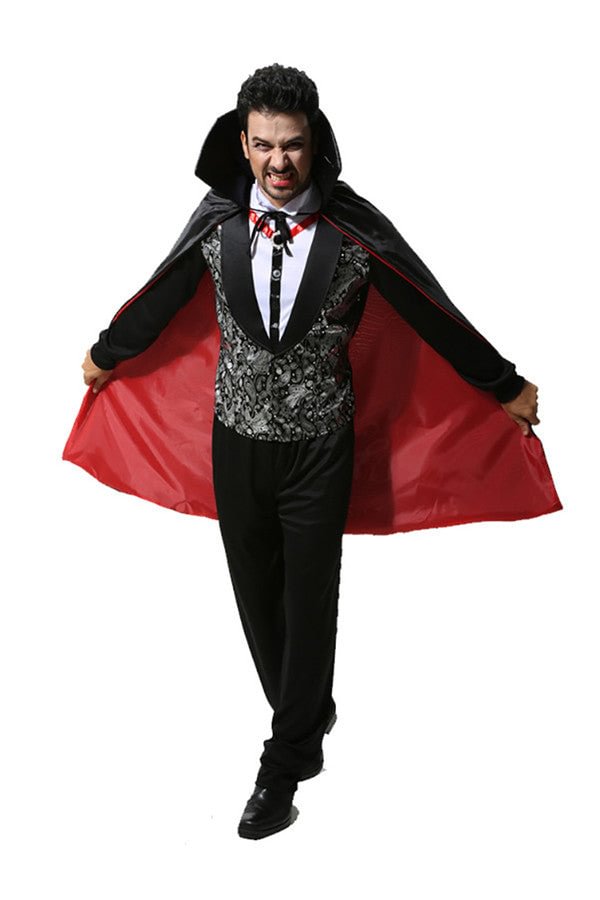 Halloween Cosplay Mens Knight Vampire Costume With Hooded Cape Black-elleschic