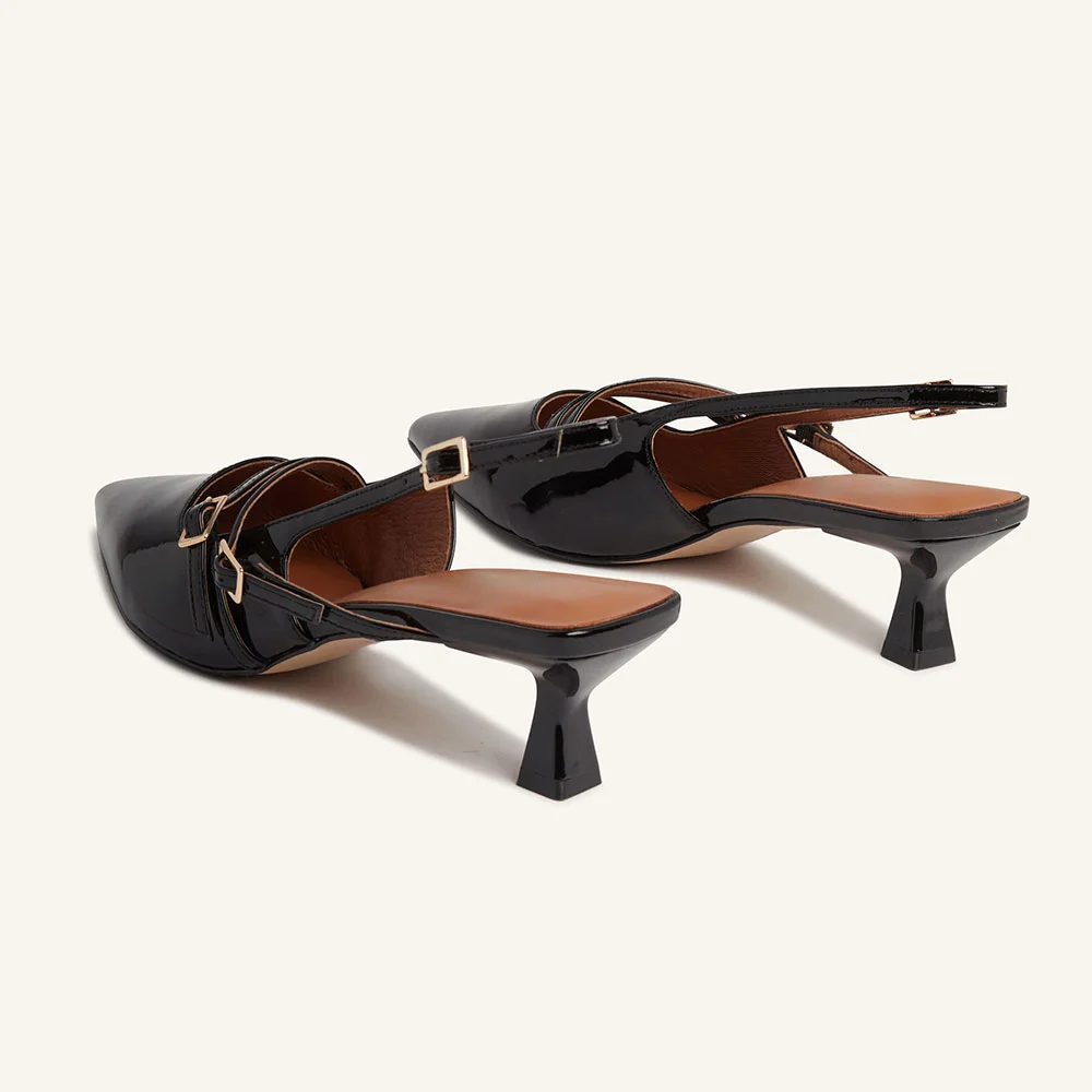 Black Patent Leather Buckle Straps Kitten Heel Slingback Pumps