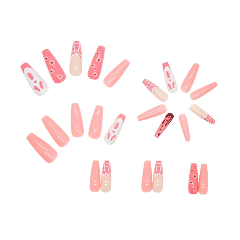 Halloween Pink Ghost Ballerina False Nails with Design French Coffin Fake Nails Press On Nails Detachable Manicure Nail Tips-Nail Inspo