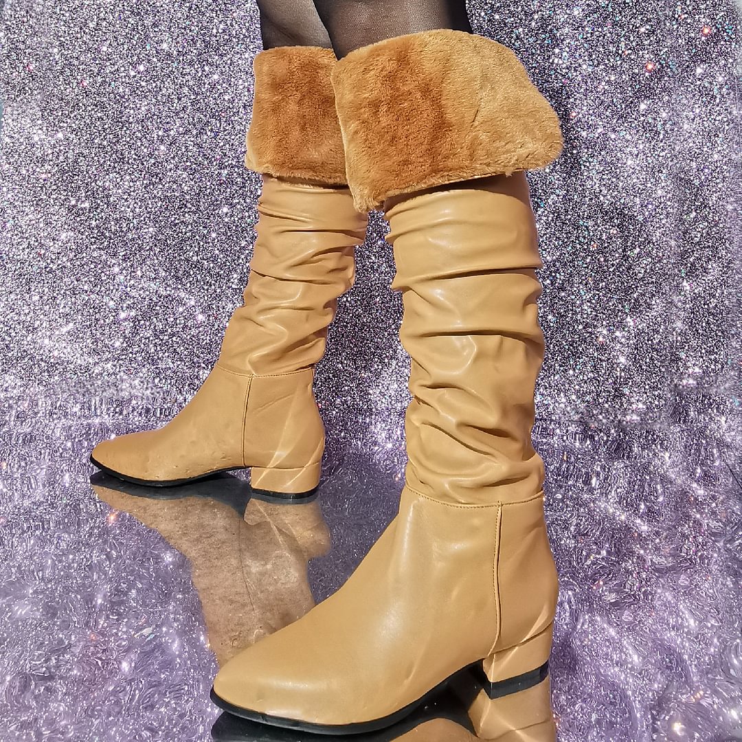 Women's Fur Boots Shoes Low Heel PU Leather Plus Size knee-High Mid-calf Boots Novameme