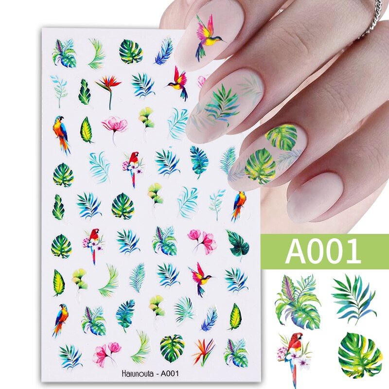 Harunouta Green Leaves Stripe Lines 3D Nail Sticker Spring Flower Leaf Sliders Transfer Decals For Nails Decoration Manicures