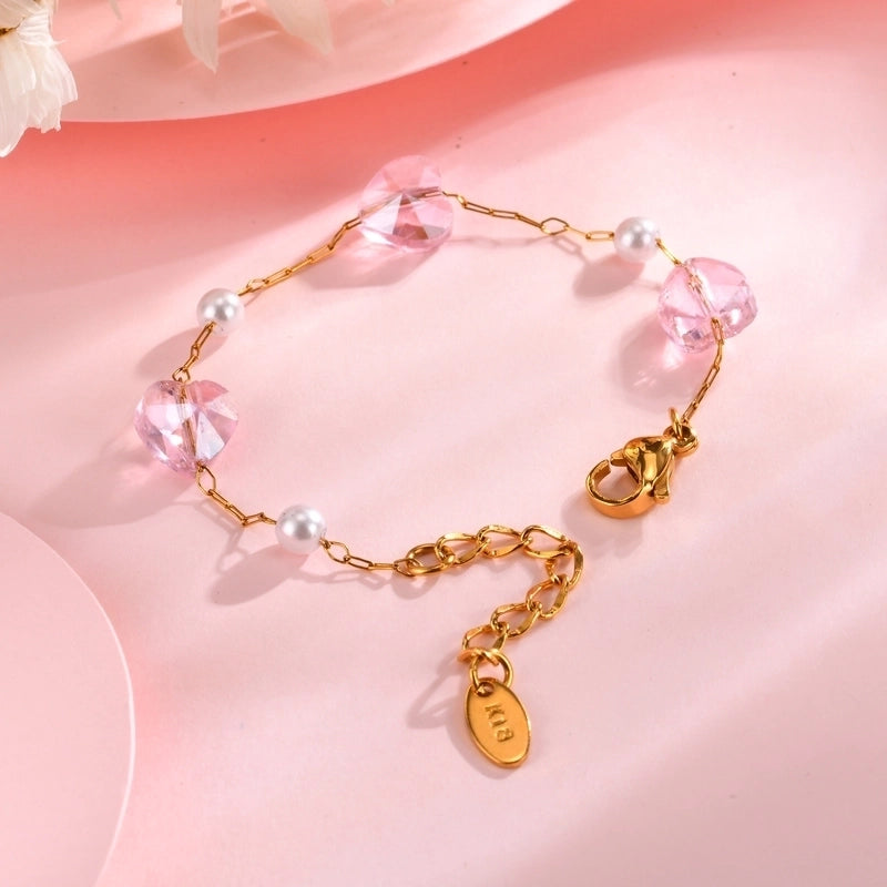Stainless Steel Plated 18K Gold Chain Pink Butterfly Love Imitation Pearl Children’s Bracelet