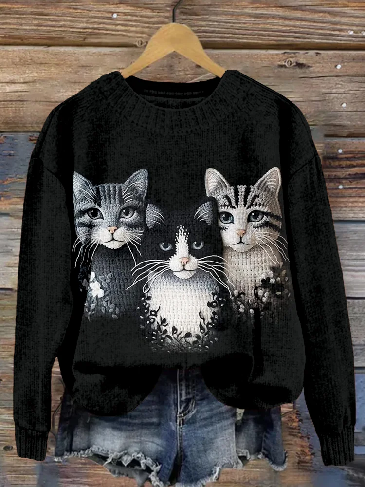 Lovely Cats Pattern Crew Neck Cozy Sweater